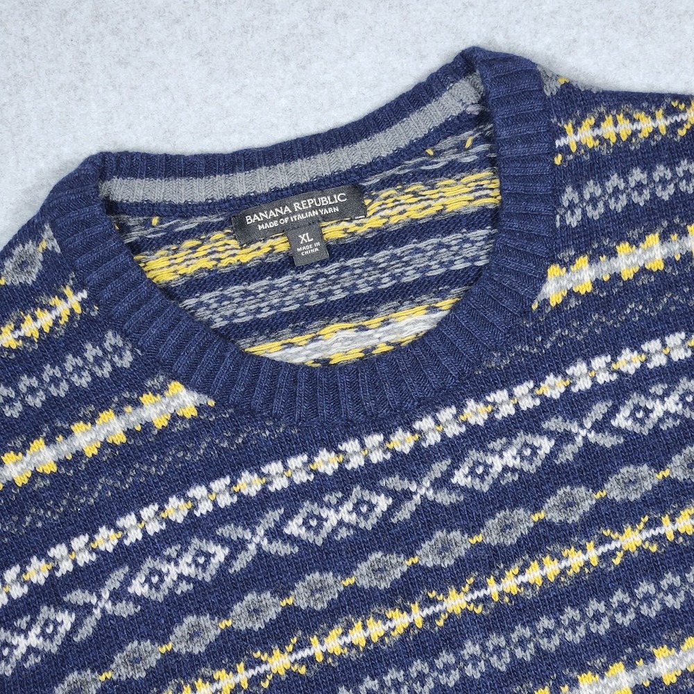Banana Republic‎ Sweater XL Blue Fair Isle Crew Knit Italian Yarn Pullover Cozy